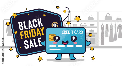 Flat vector kawaii credit card with blushing cheeks surrounded by sale icons, hearts, and sparkles. Solid soft palette, no gradients, cute Black Friday payment concept