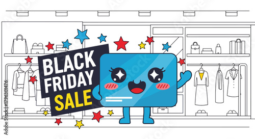 Flat vector kawaii credit card with blushing cheeks surrounded by sale icons, hearts, and sparkles. Solid soft palette, no gradients, cute Black Friday payment concept