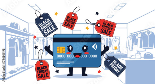 Flat vector kawaii credit card with blushing cheeks surrounded by sale icons, hearts, and sparkles. Solid soft palette, no gradients, cute Black Friday payment concept