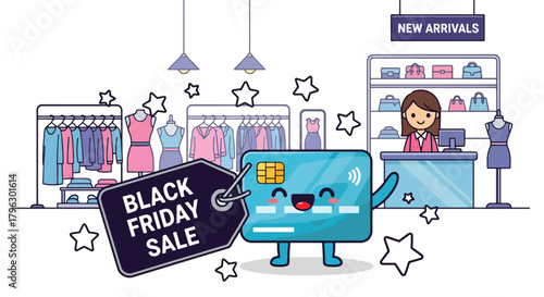 Flat vector kawaii credit card with blushing cheeks surrounded by sale icons, hearts, and sparkles. Solid soft palette, no gradients, cute Black Friday payment concept