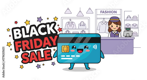 Flat vector kawaii credit card with blushing cheeks surrounded by sale icons, hearts, and sparkles. Solid soft palette, no gradients, cute Black Friday payment concept