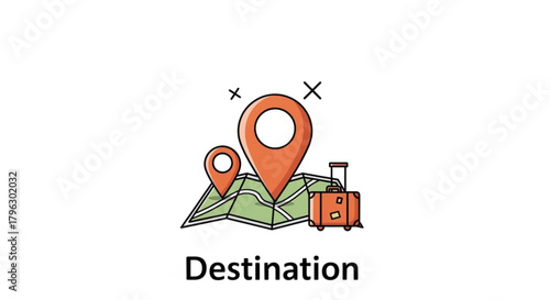 Destination icon with map, location pin, and luggage vector illustration of travel and tourism concept for web and graphic design