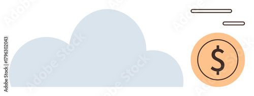 Cloud icon alongside a coin with a dollar sign floating nearby, representing digital economy, growth, and data storage. Ideal for finance, technology, economy, startups, innovation productivity