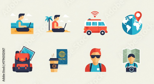 Set of travel and vacation icons vector illustration of people working remotely, traveling by van, and exploring the world