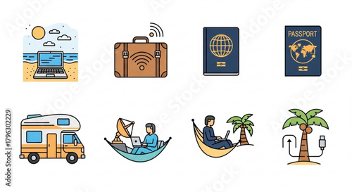 Collection of eight vibrant vector icons depicting digital nomad lifestyle, showcasing remote work, travel, and constant connectivity