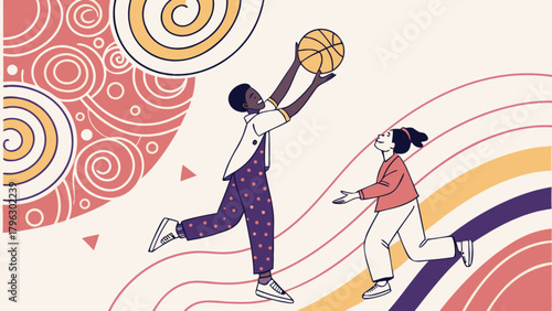 Basketball game illustration of people playing sports activity with ball and colorful design elements art