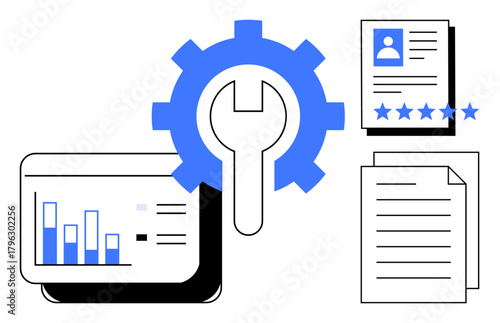 Gear icon with wrench, bar graphs, star-rated profile, and document sheets representing data management, analytics, workflow optimization. Ideal for business, technology, HR and productivity themes
