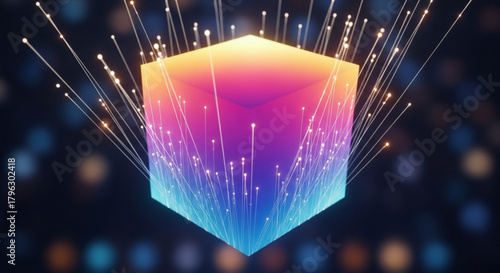 Abstract cube with glowing fiber optic cables, representing data transmission, quantum computing, and the interconnectedness of the digital world