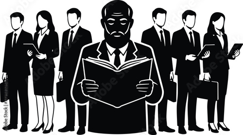 Business team with leader reading report, teamwork, corporate management, leadership, professional group, strategy, office people, success, planning, organization