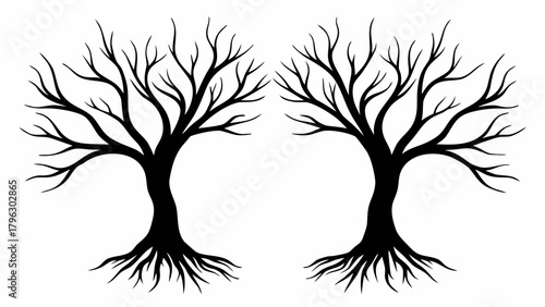 Striking Silhouette of Twin Trees with Bare Branches, Perfect for Nature-Inspired Designs and Autumn Concepts, Originally a Scalable Vector Graphic