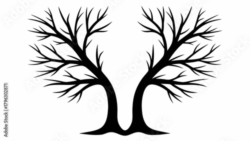 Striking silhouette of two bare trees mirroring each other creates powerful visual impact, perfect for nature-themed designs and abstract concepts with artistic flair