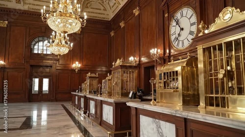 Elegant historic bank hall interior with clocks and chandeliers.