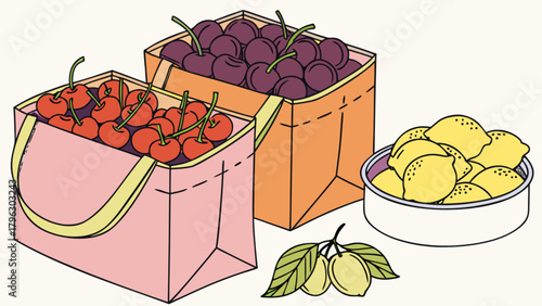 Illustration of fresh fruit market haul: cherries, plums, and lemons in containers and bags for sale