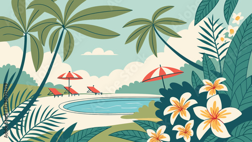 Tropical vacation resort with palm trees swimming pool and deck chairs summer holiday travel destination scene
