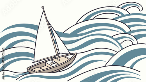 Sailboat sailing on the sea waves vector illustration, nautical adventure and water transport design concept art