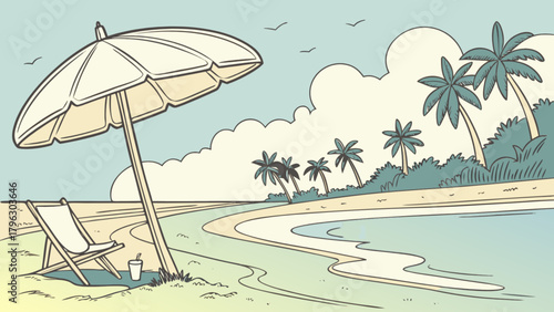 Beach scene with palm trees, umbrella, and chair vector illustration for summer vacation design asset