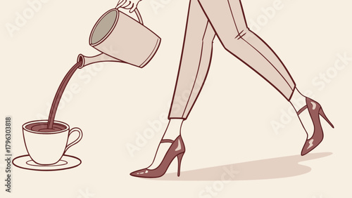 Stylish coffee break illustration with pouring coffee and fashion heels perfect for coffee lovers art