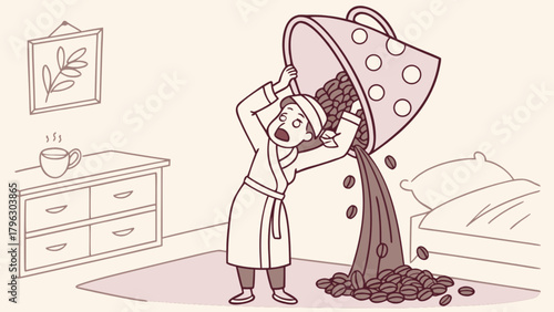 Oversized coffee cup spilling beans in bedroom concept art illustration for morning routine and caffeine lovers