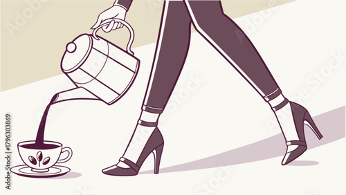 Stylish woman pouring coffee from kettle into cup illustration for coffee lovers and fashion enthusiasts art