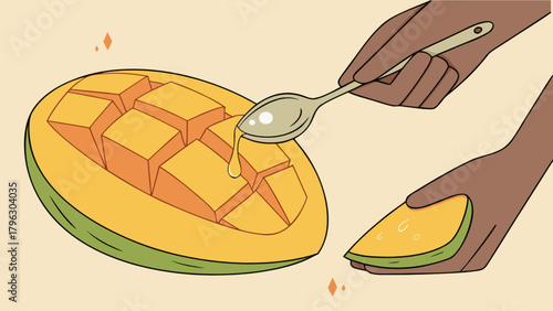 Delicious fresh mango chunks dessert recipe with spoon for healthy eating and tropical fruit diet plan