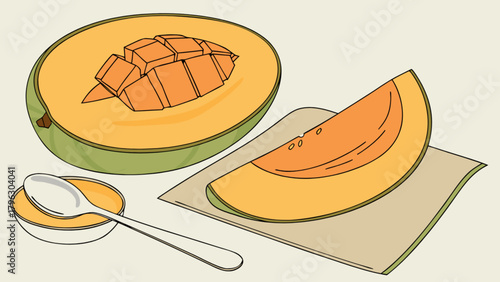 Delicious cantaloupe melon slices with spoon and bowl, a healthy fruit snack for summer time treat
