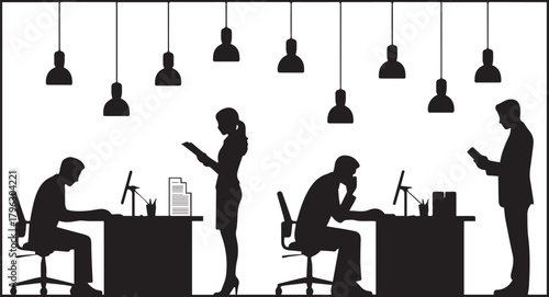 Silhouette office workers busy at desks workplace business team employees design