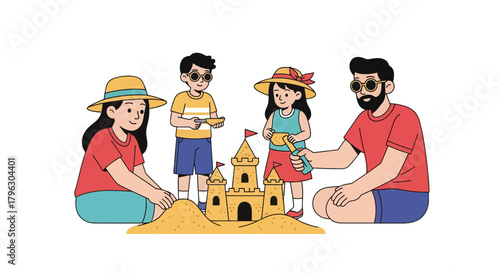 Family Constructing Sandcastle Together During Beach Vacation Creating Joyful Moments