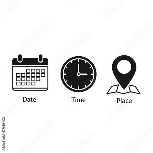 A set of three black icons representing date, time, and place for scheduling events or appointments.