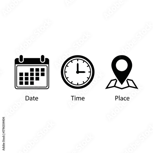 Three icons representing date, time, and place, commonly used for event planning or scheduling.