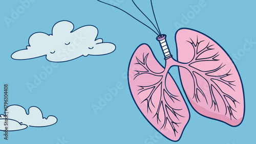 Lung health awareness illustration with pulmonary system floating in the sky with clouds concept art