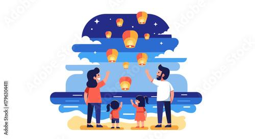 Family Celebrate Night Sky Lanterns Festive Wishes And Nightly Dreams Together