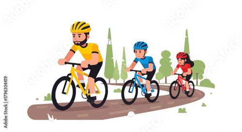 Family Cycling Adventure In The Park, Fun Outdoors Together On A Sunny Day