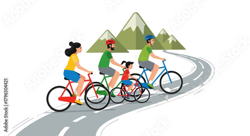 Family Cycling Adventure On Winding Roadway Towards Mountainous Scenery Fun
