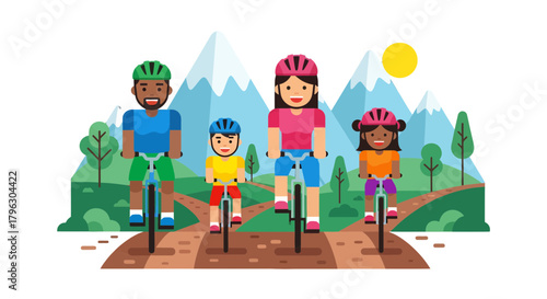 Family Cycling Adventure: Illustration of a Group Enjoying a Bike Ride in the Mountains