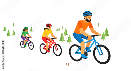 Family Cycling Expedition Amidst Lush Evergreen Trees On Black Background
