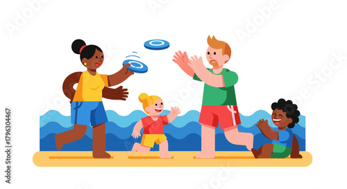 Family Playing Frisbee on The Beach, Enjoying Quality Time and Summer Fun Together