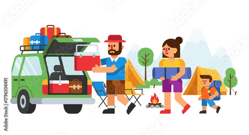 Family Embarking on a Camping Adventure in Nature's Serene Embrace and Exploration