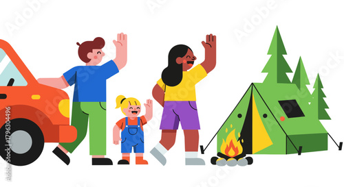 Family Embarking on a Camping Trip Adventure with Tent and Fireplace Illustration