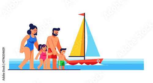 Family Sailing Together on Summer Vacation Enjoying Seaside Activities
