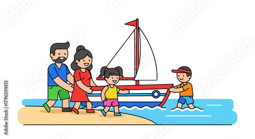 Family Sailing Trip Featuring Colorful Illustration and Engaging Beachside Recreation