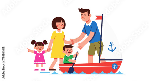 Family Sailing Aboard a Red Boat, Enjoying a Beautiful Day, Creating Memories Together