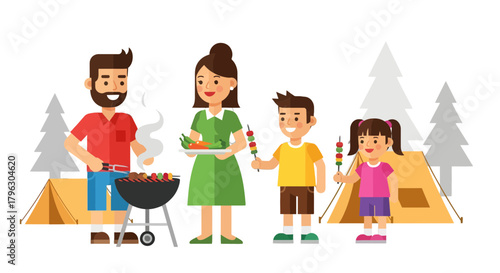 Family Enjoying Barbecue and Camping with Kids, Celebrating Outdoor Activities Together