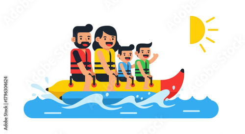 Family Enjoying Banana Boat Ride, Sun Shining, Summer Fun, Happiness, Water Activities