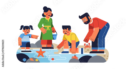 Family Enjoying Beach Day and Collecting Sea Creatures During Sunny Holiday Adventure