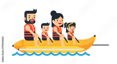 Family Enjoying Banana Boat Ride on Water with Safety Equipment in the Sunlight