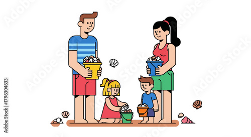 Family Shell Collecting: Coastal Adventure with Buckets of Beach Treasures Under Sunshine