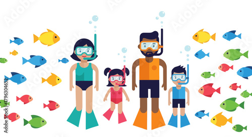 Family Snorkeling Illustration Depicting Underwater Adventure and Vibrant Marine Life