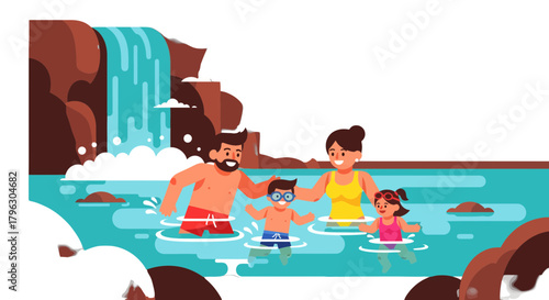 Family Splashing Happily In Cold Waterfall Water Outdoors With Child And Mother