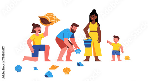 Family Enjoying Beach Day Collecting Shells: A Coastal Adventure in Vector Illustration