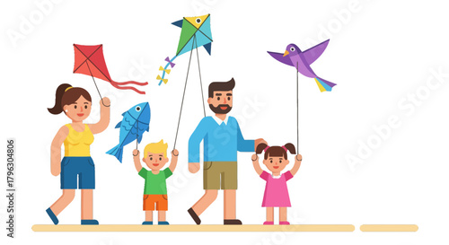 Family Enjoying Leisure Activities Flying Colorful Kites And Having Fun Together